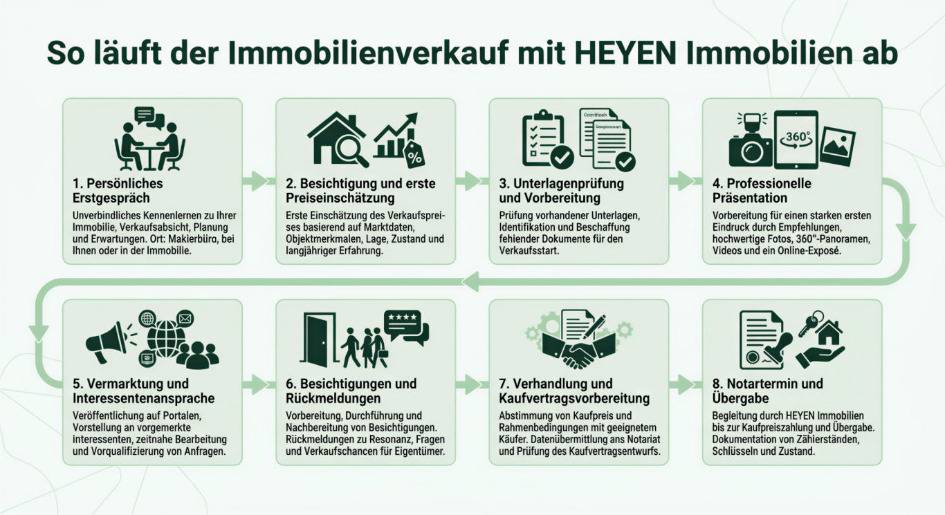 Diese Grafik zeigt den Ablauf des Immobilienverkaufs mit der HEYEN Immobilien. Diese Grafik zeigt den Ablauf des Immobilienverkaufs mit der HEYEN Immobilien.