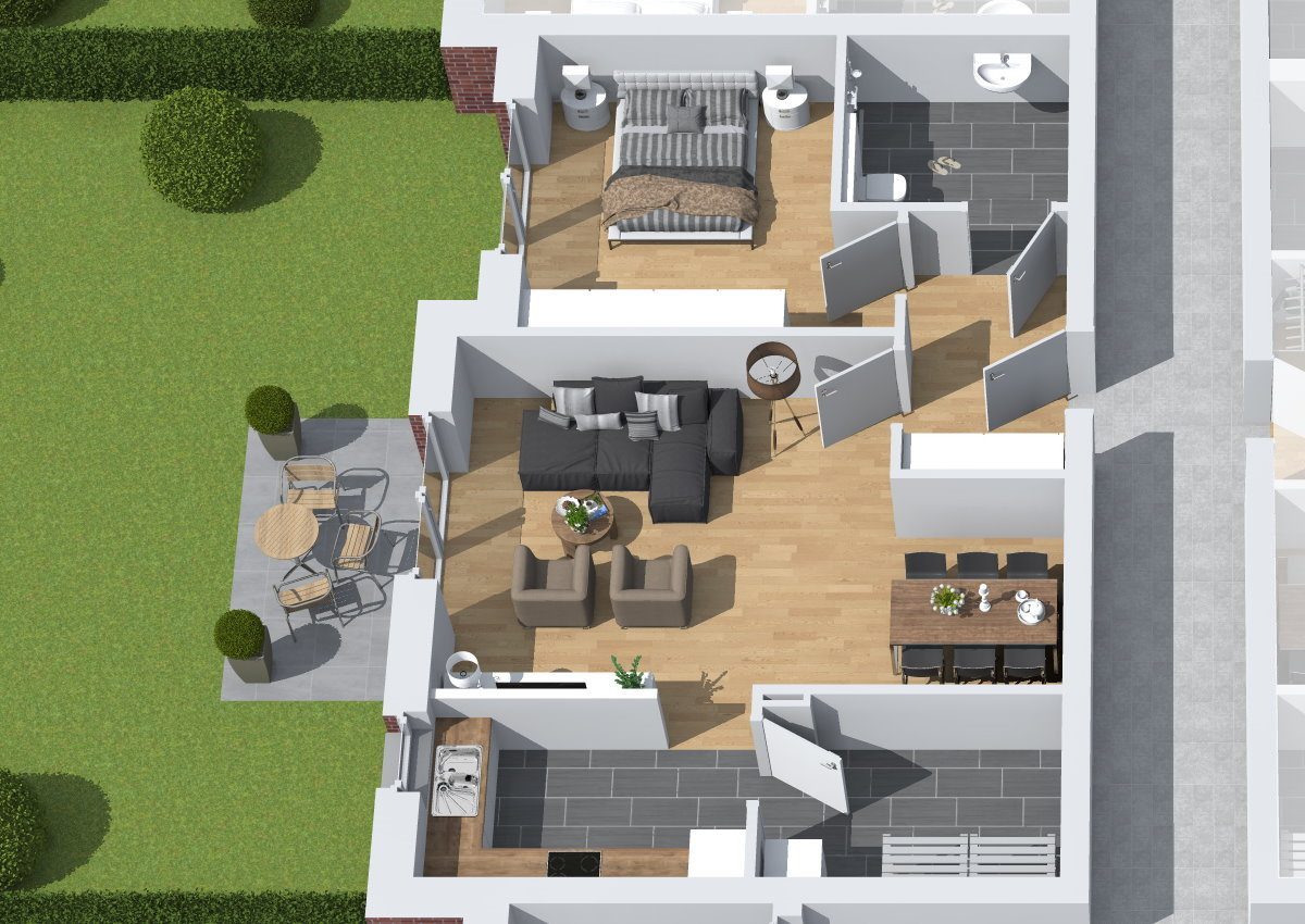 Der 3D-Grundriss der Wohnung 2 im Wohn- und Geschäftshaus in Wardenburg