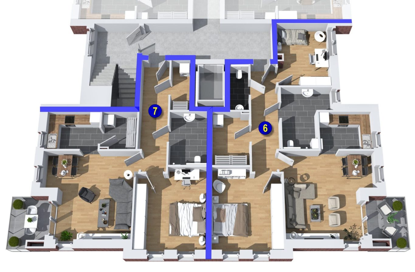 3D-Grundrisse der WohnungNr. 6 und WohnungNr. 7