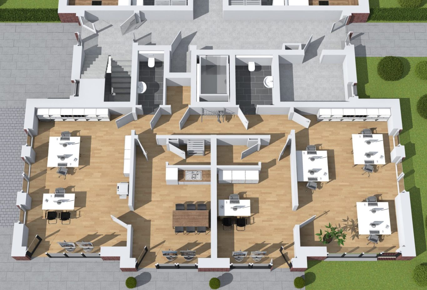 Der 3D-Grundriss der Gewerbeeinheit im Wohn- und Geschäftshaus in Wardenburg