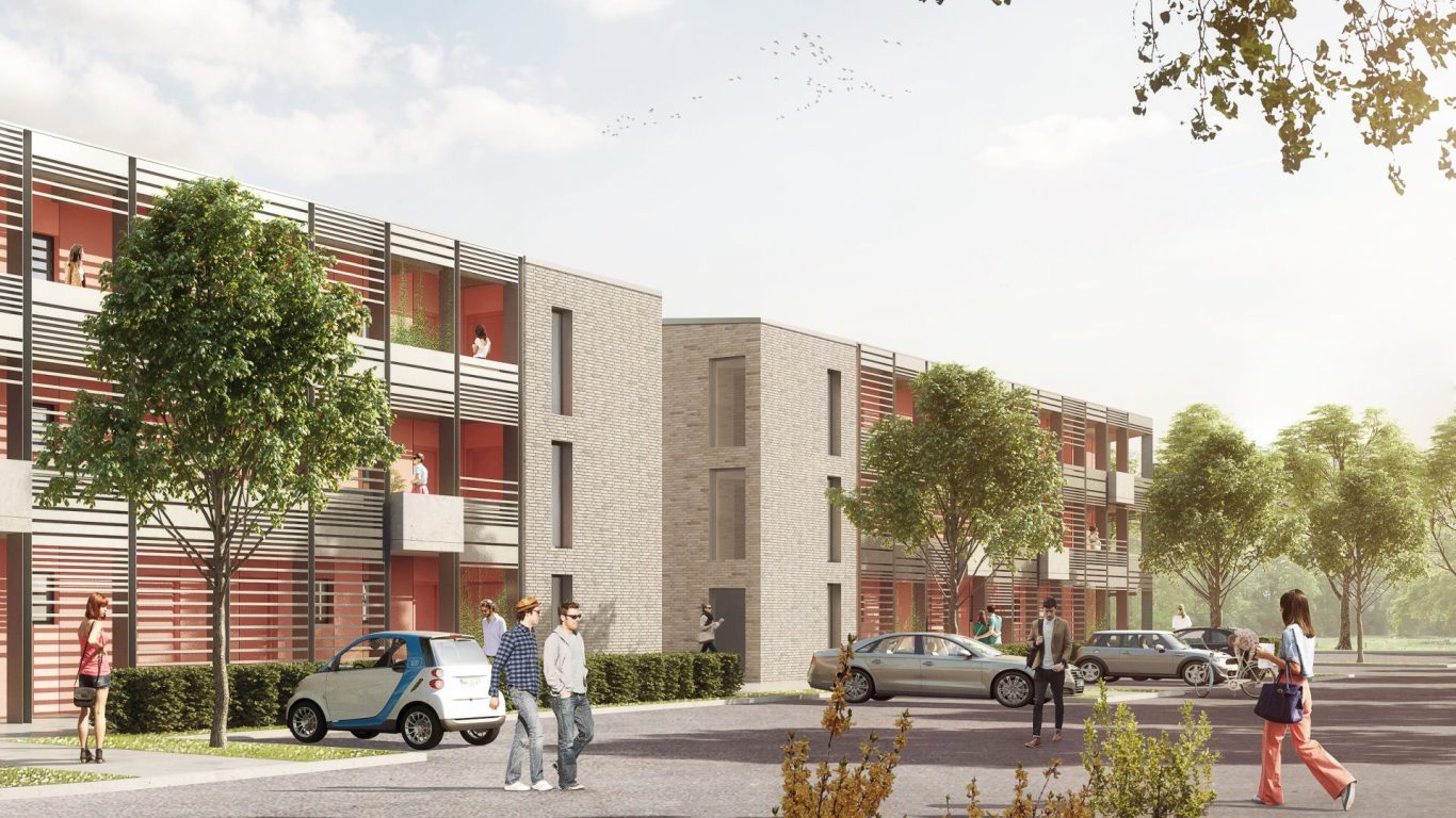 Diese 3D-Grafik zeigt die Innenhof-Atmosphäre der Wohnanlage Diese 3D-Grafik zeigt die Parkplatz-Ansicht der Wohnanlage